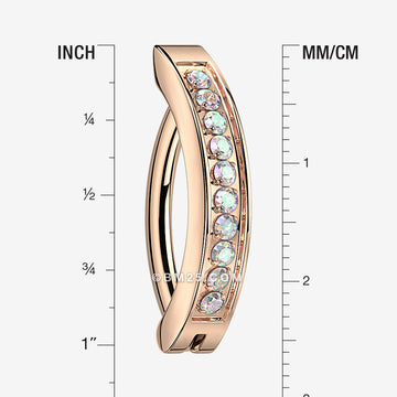 Detail View 1 of Implant Grade Titanium Rose Gold Sparkle Gem Lined Minimalist Curved Bar Belly Clicker-Aurora Borealis